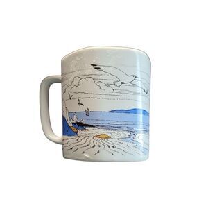 Vintage Hexagon Seashore Ships Ceramic Stoneware Coffee Mug Made in Japan